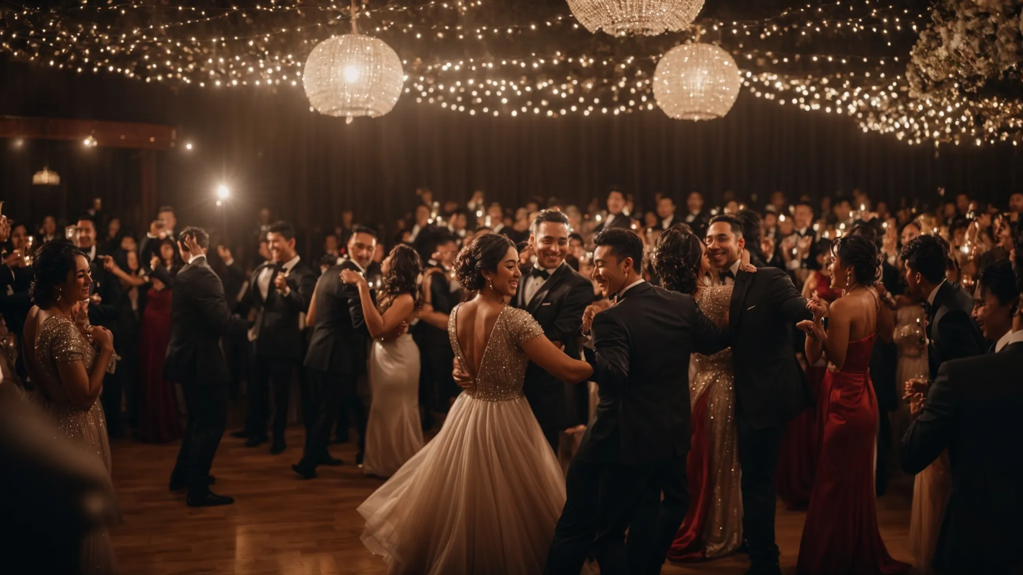 a joyful dance floor filled with elegantly dressed guests under sparkling lights.