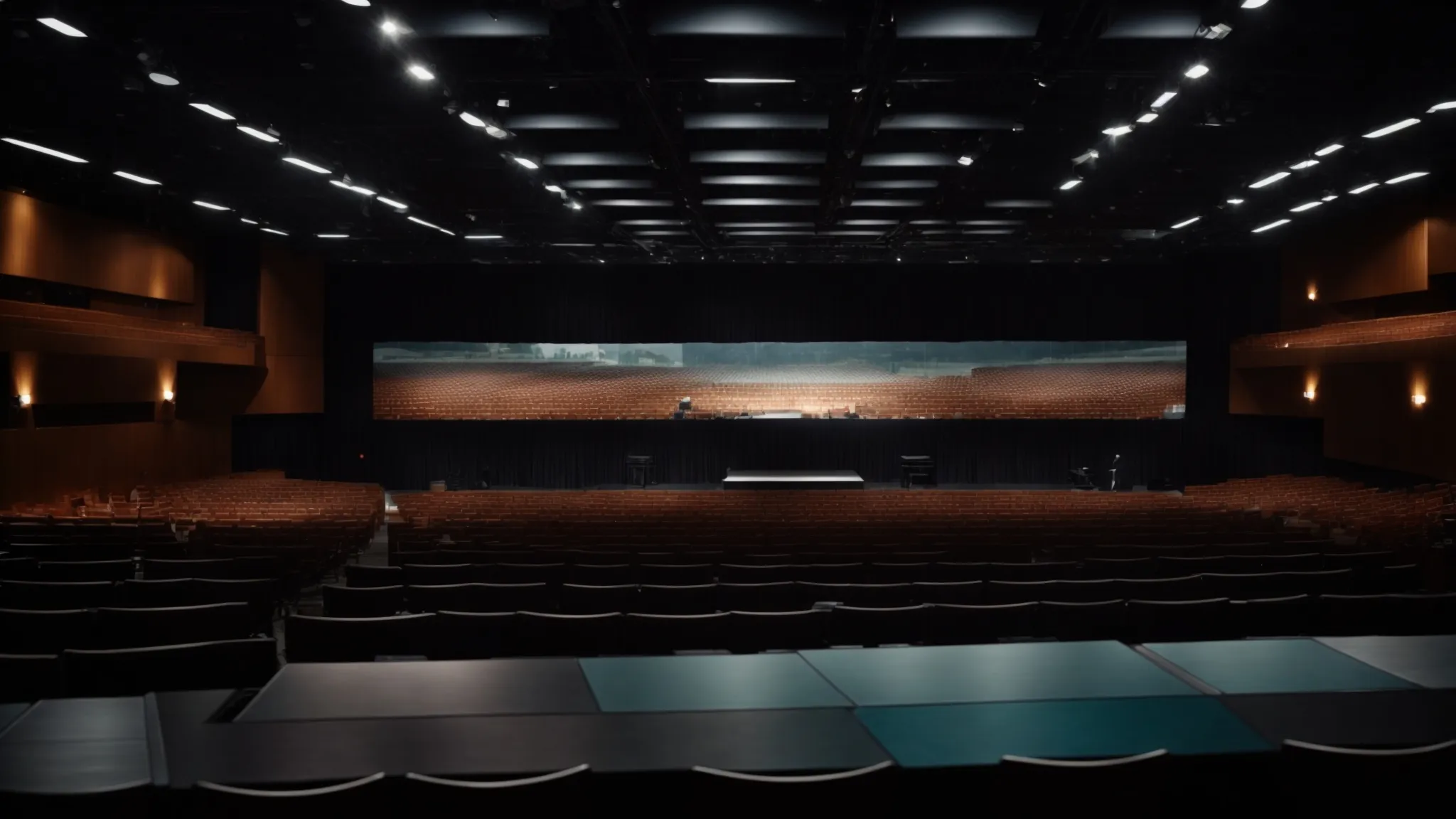 a bustling conference hall with rows of chairs facing a large presentation screen illuminated by stage lights.