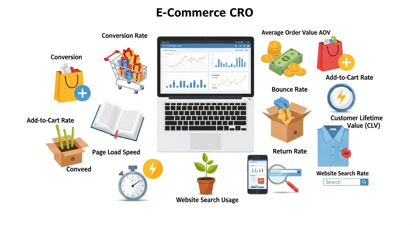 Featured illustration of e-commerce CRO metrics and growth chart for e-commerce strategy, digital marketing, and online business