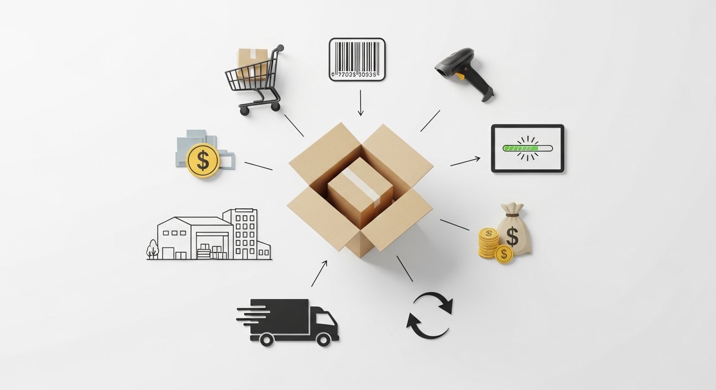 Diagram illustrating the core areas of digital store management including inventory, fulfillment, and customer service