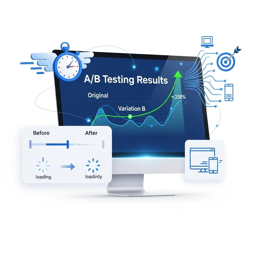 Illustration of conversion rate optimization techniques including A/B testing and website speed for e-commerce success