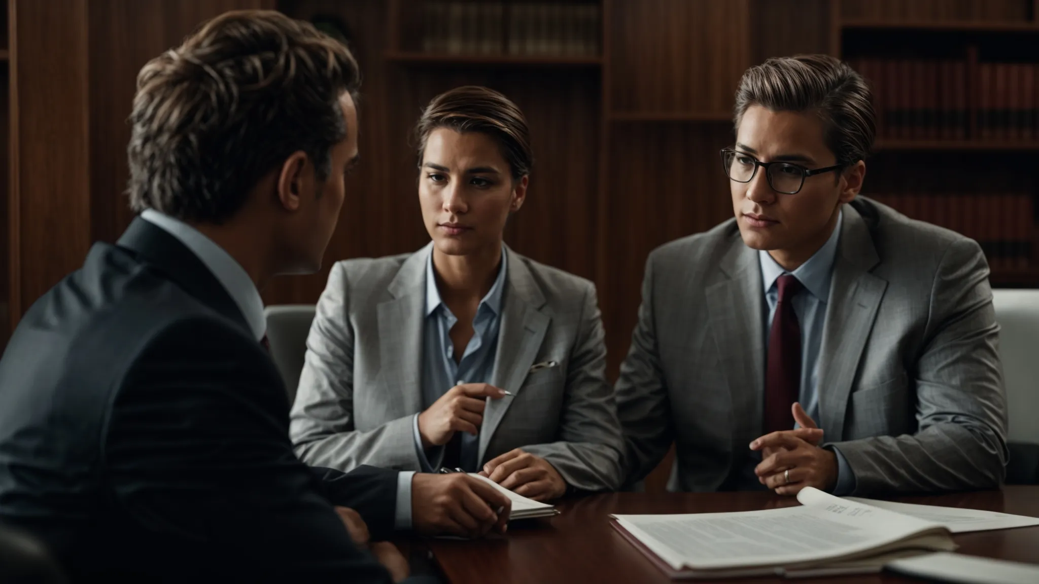 a concerned couple consults with a professional attorney in a formal office setting.