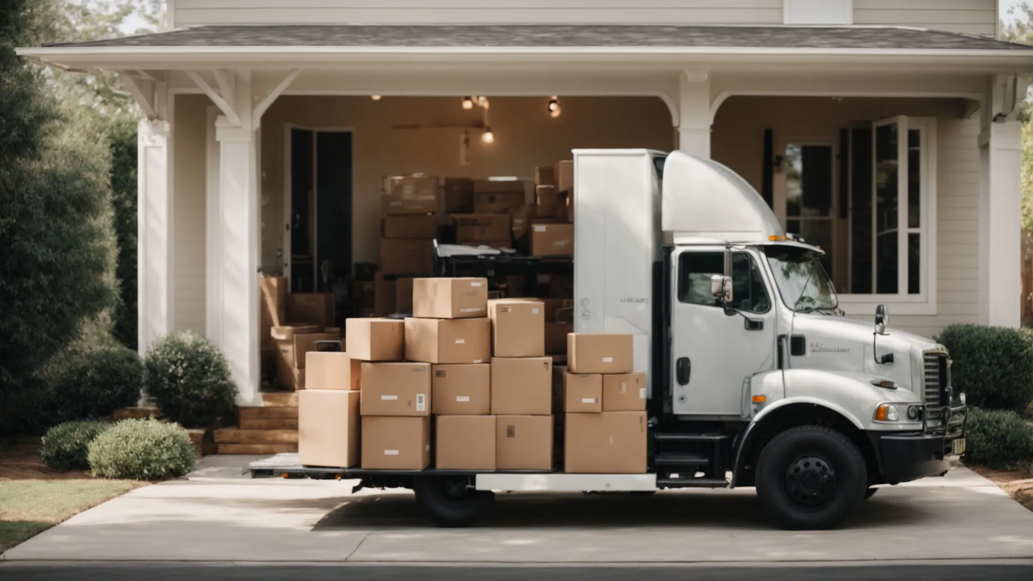 a large moving truck parked in front of a home, with open doors revealing packed boxes and furniture.