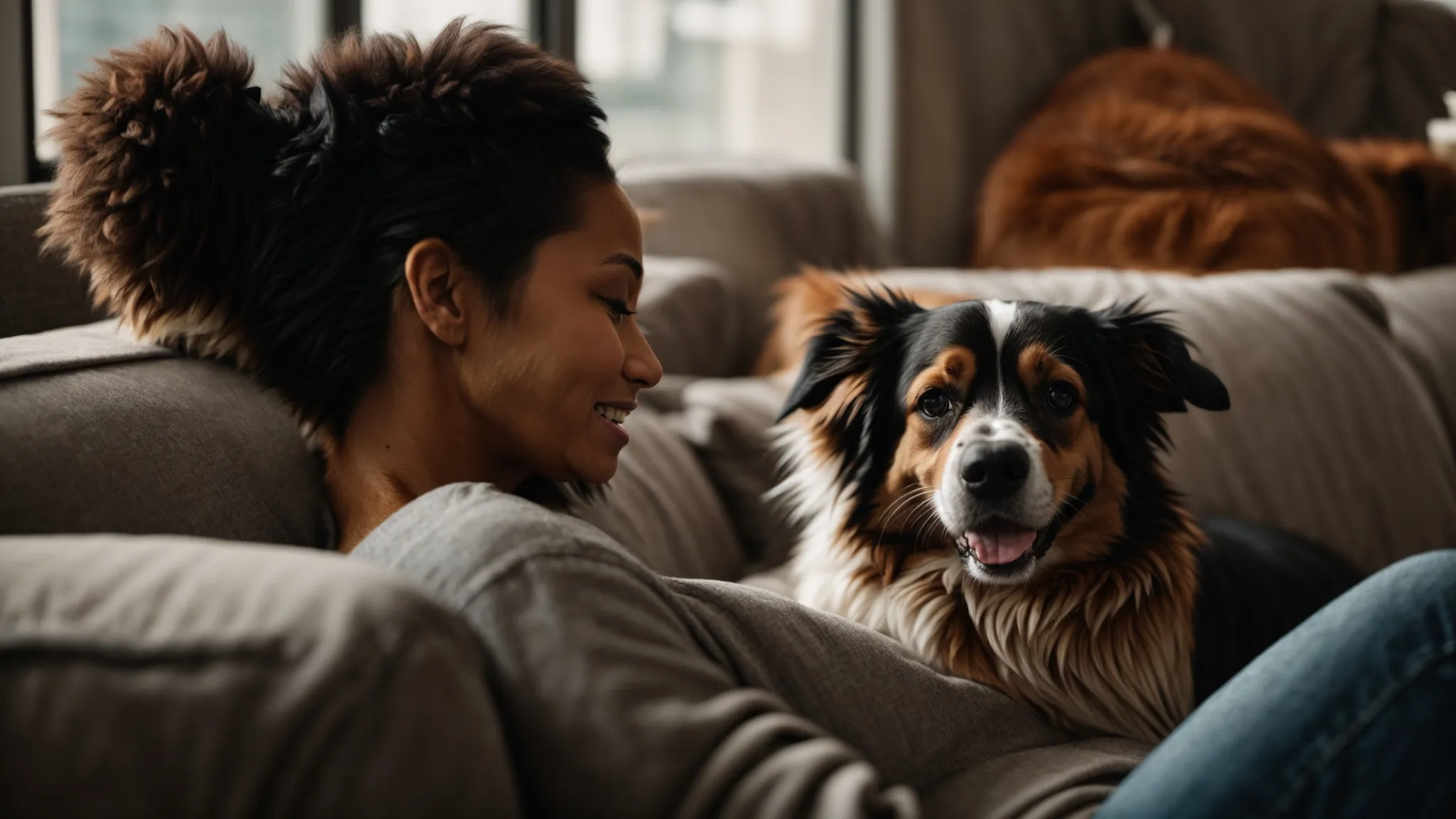 a smiling individual sits comfortably on a couch, petting a calm dog beside them.