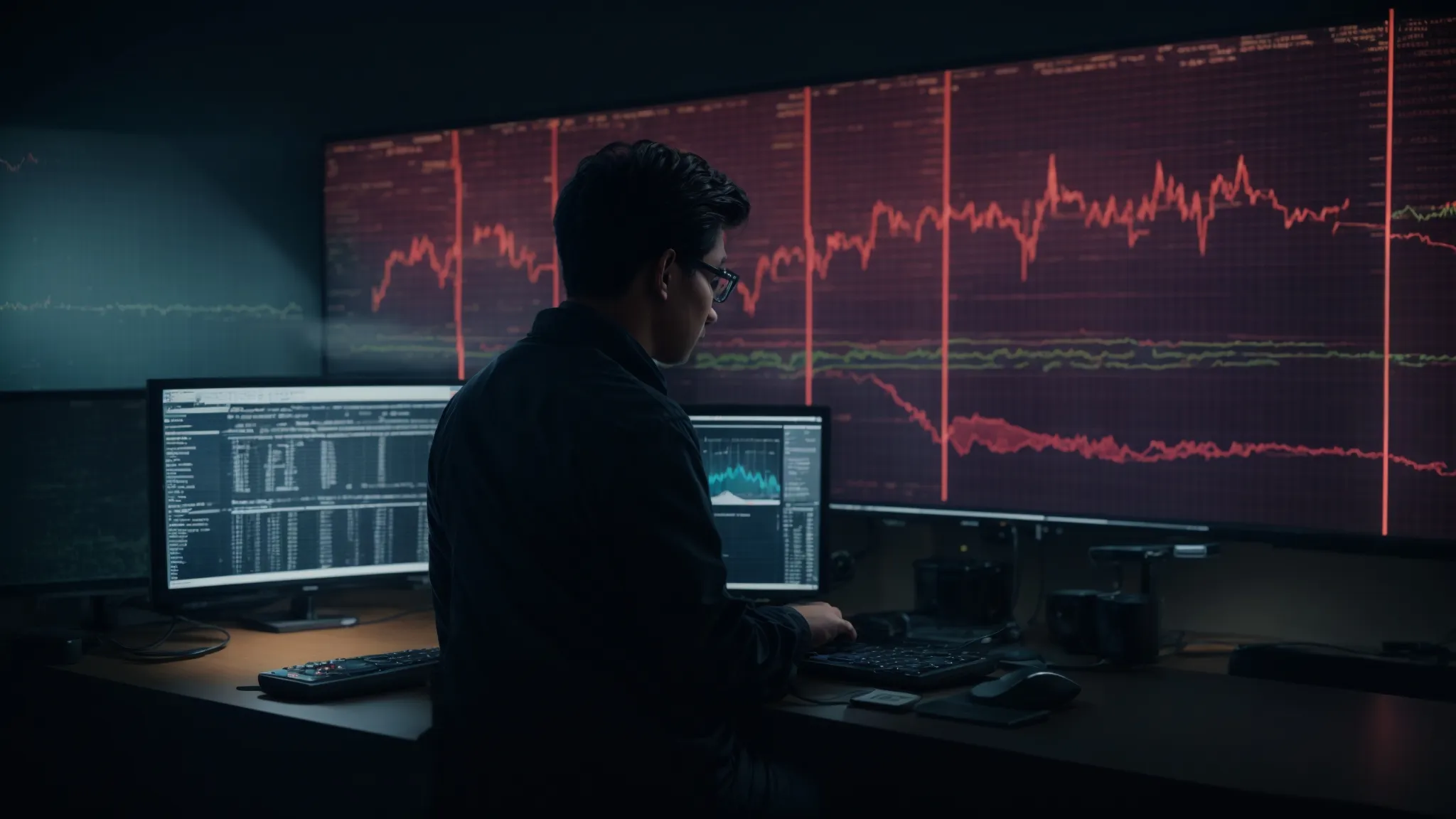 a digital security expert monitors streams of data on a computer screen, identifying potential phishing threats.