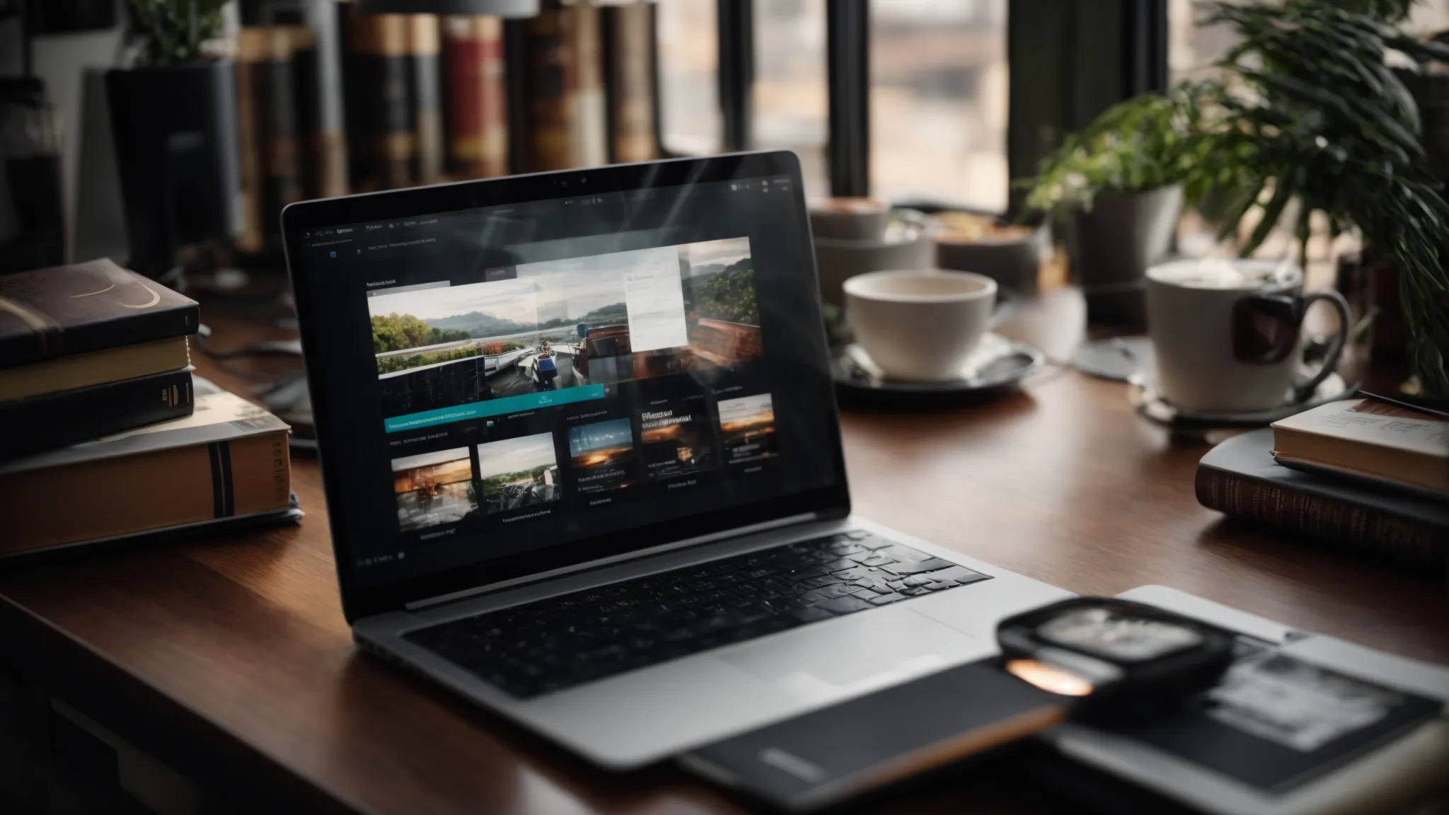 a laptop with a bustling digital marketplace on the screen, set on a desk surrounded by marketing strategy books.
