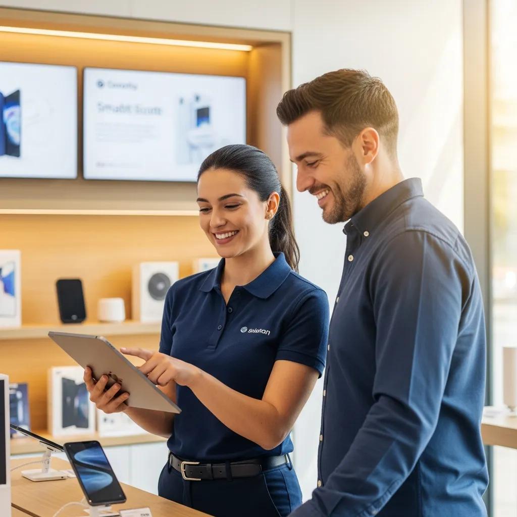 Customer service representative assisting a happy customer in a retail environment