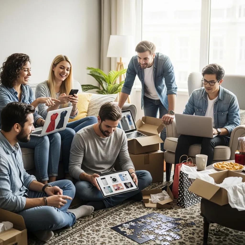 Diverse group of people shopping online in a cozy home environment