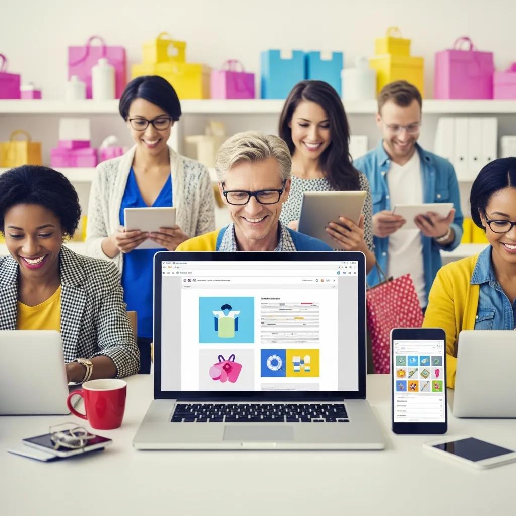 Diverse group of people shopping online with laptops and smartphones, representing e-commerce growth strategies