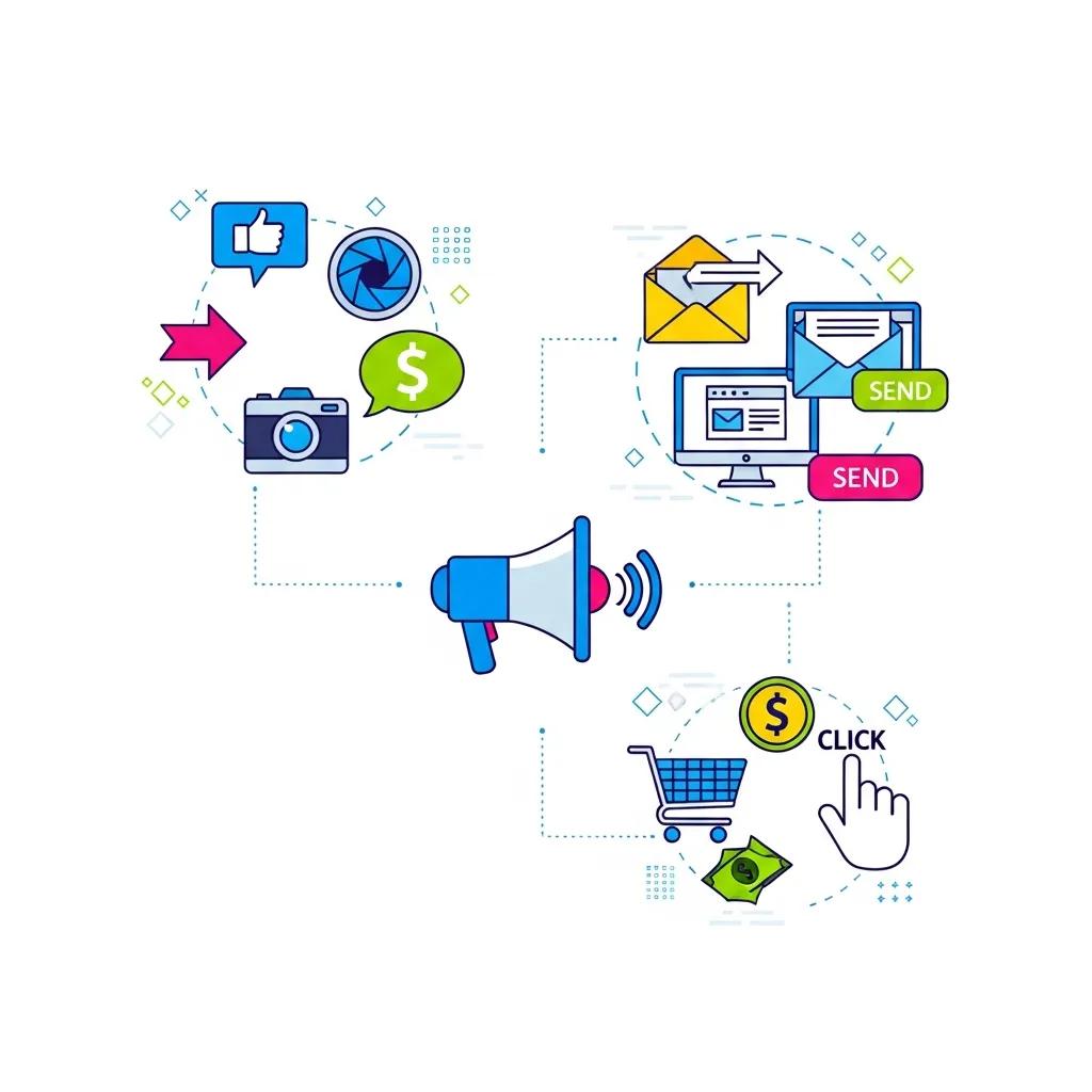 Visual representation of digital marketing channels including social media, email, and paid advertising for customer acquisition