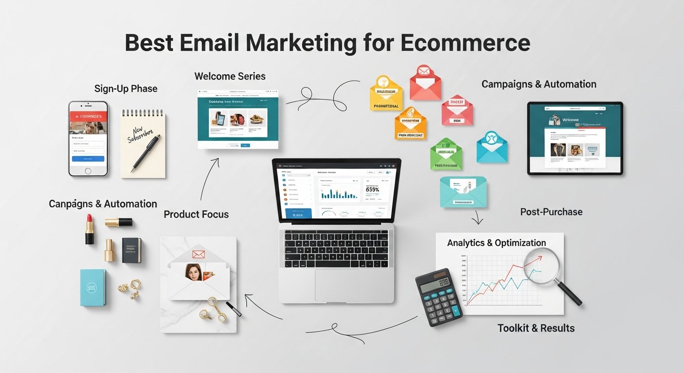 Illustration of e-commerce email marketing strategy with campaign analytics, shopping cart, and conversion metrics