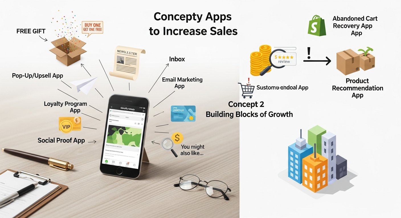 Illustration of a Shopify storefront with app icons, shopping cart and upward sales chart