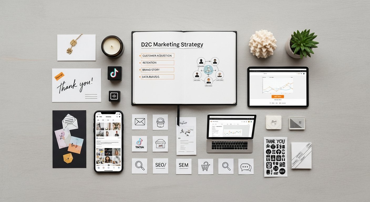 Featured illustration of D2C e-commerce marketing strategy for digital marketing and online business