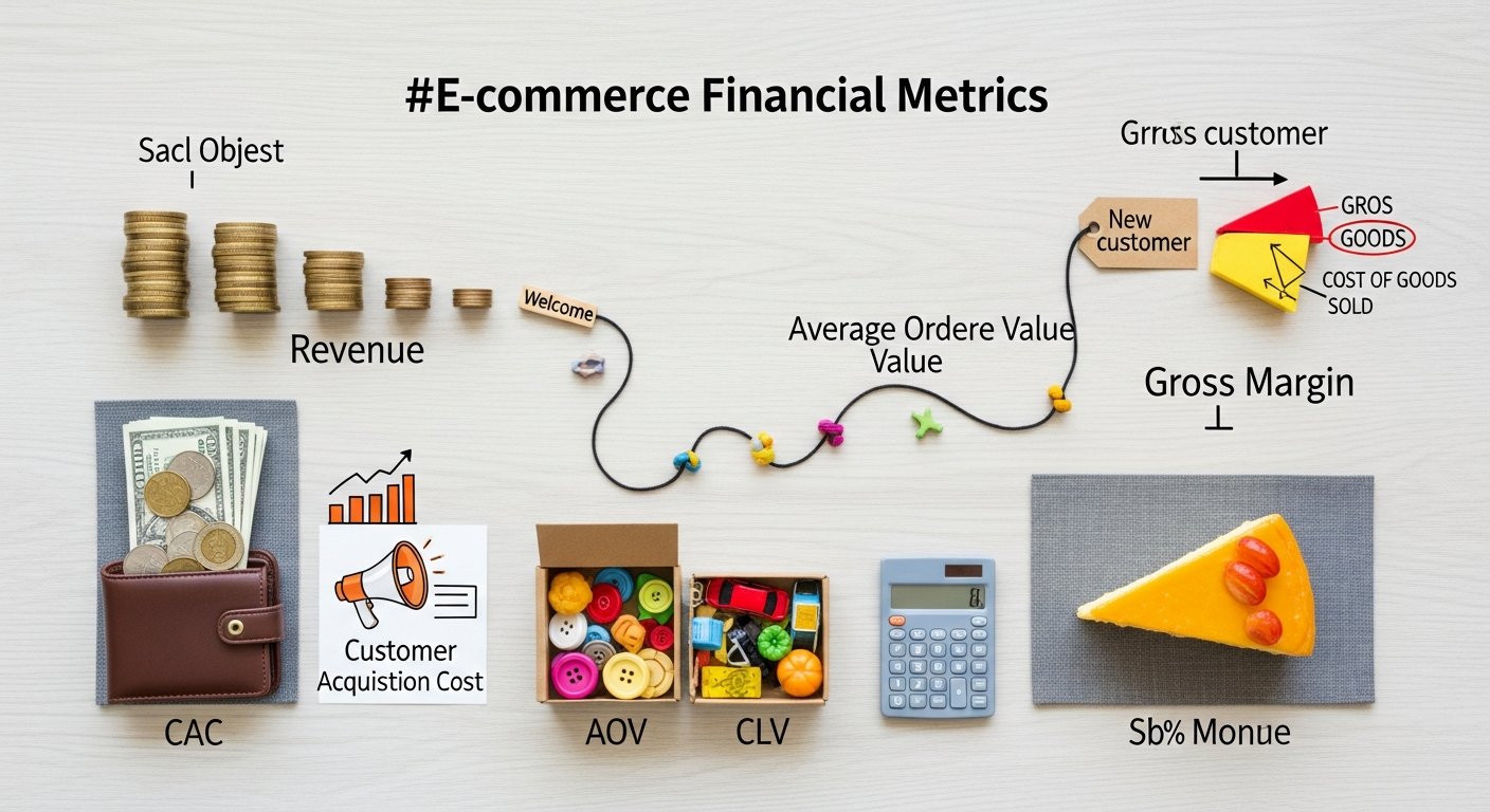 Featured illustration: e-commerce financial metrics dashboard showing revenue charts, growth arrows, and coins