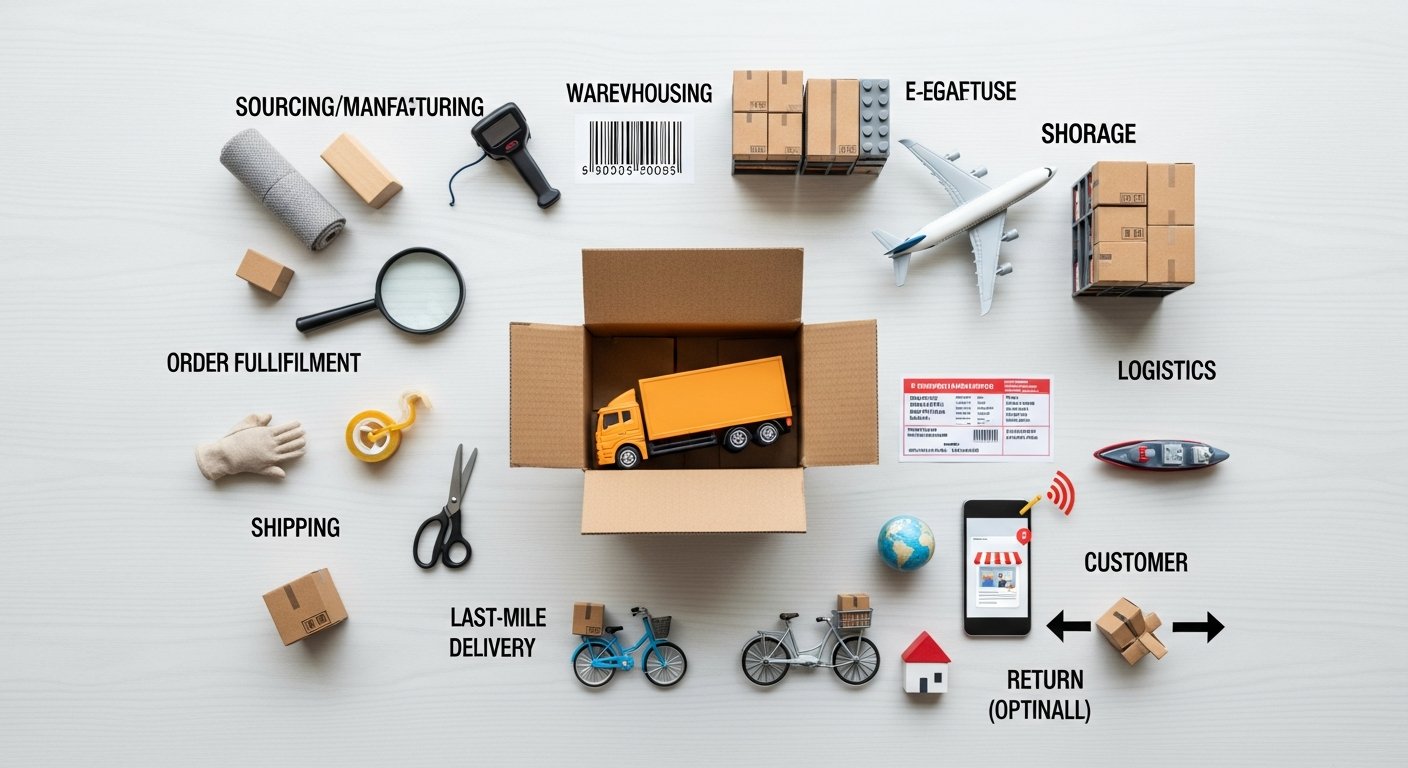 Featured illustration of e-commerce supply chain showing online business workflow, digital marketing channels, and strategy
