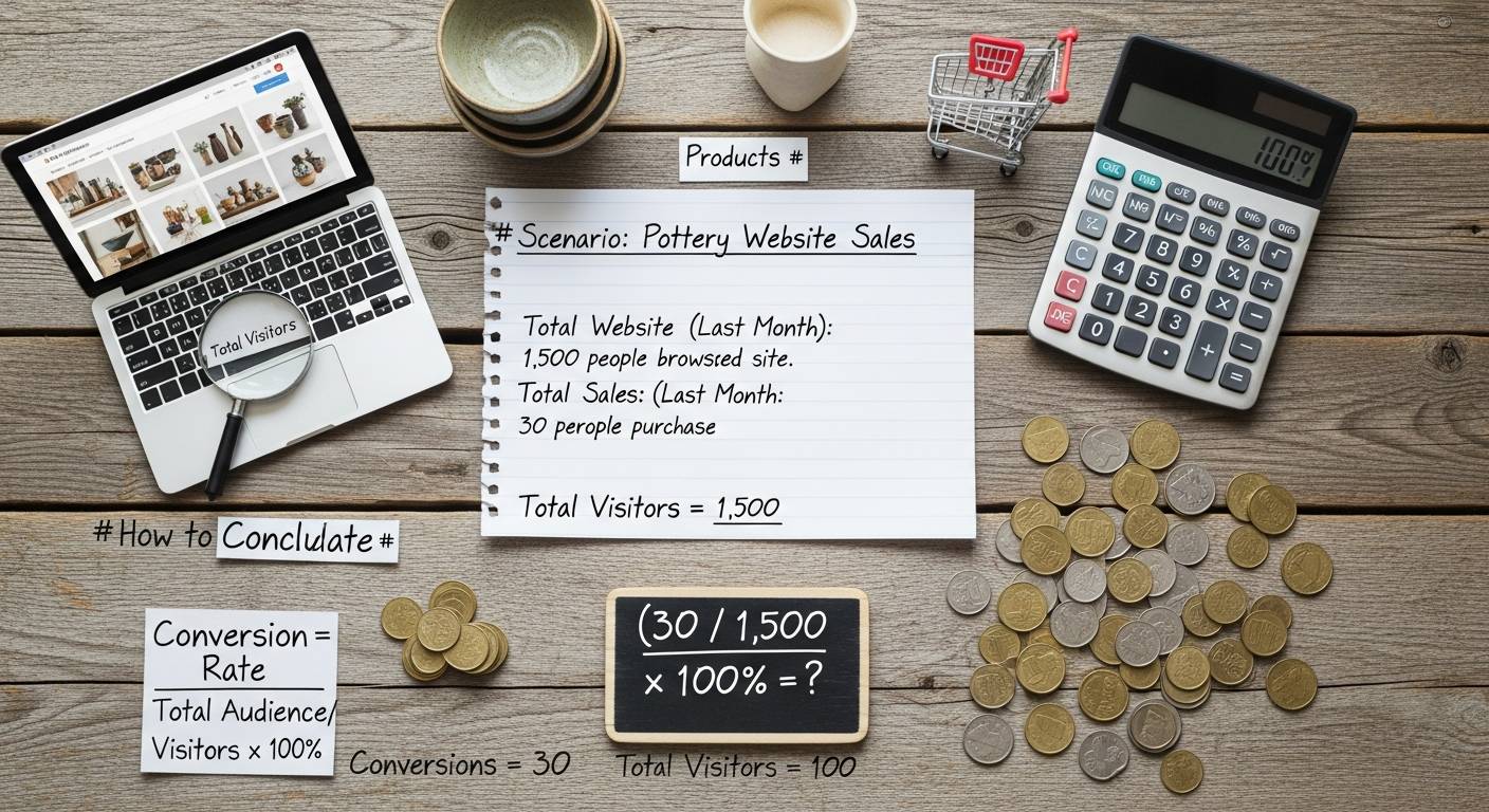 Illustration of e-commerce conversion rate calculation showing a marketing funnel, visitors converting to customers and analytics