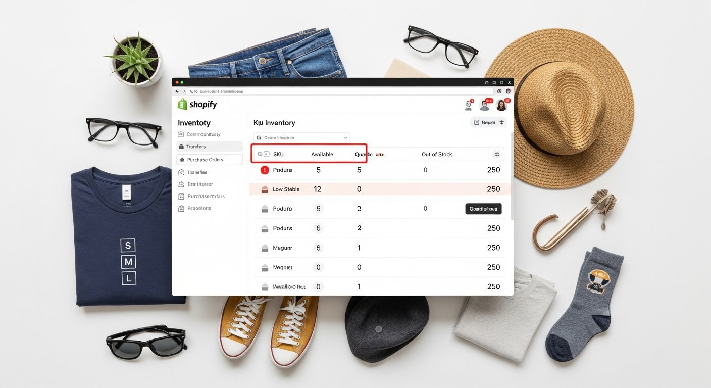 Illustration of Shopify inventory management dashboard supporting e-commerce strategy and online business growth