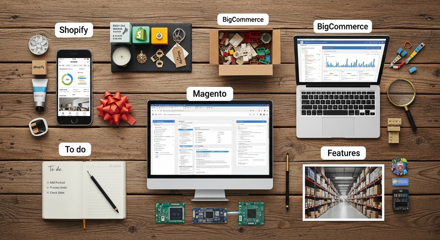Comparison of Shopify, BigCommerce, and Magento for e-commerce strategy, digital marketing, and online business